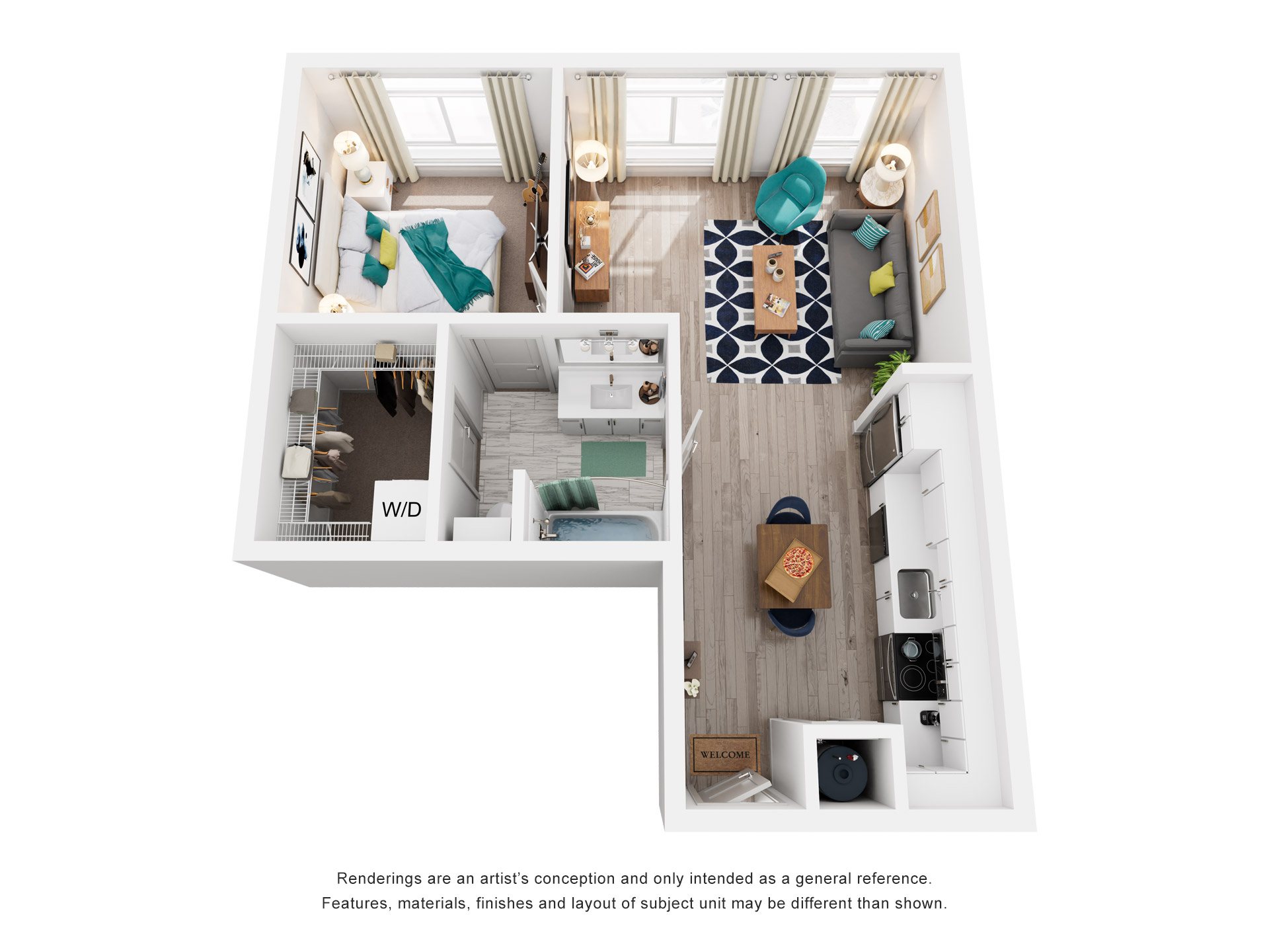 Floor plan for 1 bed, 1 bath, 799 sqft